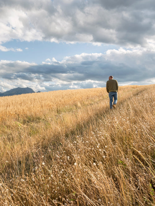 Frédéric Revol marche sur une des parcelles de la ferme des Hautes Glaces, au coeur du Trièves.